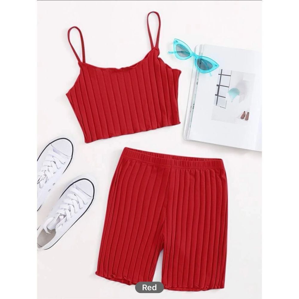 SHEIN EZwear Solid Lettuce Trim Waffle Knit Cami Top & Biker Shorts Set